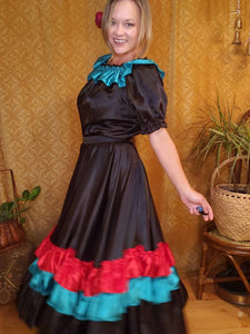 Vintage Handmade Mexican Fiesta Dress - Top with Skirt - Halloween Costume - Can Can Dancer - Saloon Girl - Gypsy Costume - Day of the Dead