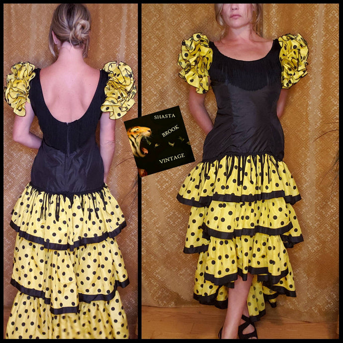 Vintage Handmade Polka Dot Fringe Flamenco Dress - Womens Medium - Black and Yellow Ruffle Fringe Dress - Bee Costume - Spanish Dance Dress