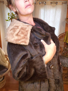 1940s Faux Fur Coat - ILGWU - Pockets - Shawl Collar - Womens Medium Small