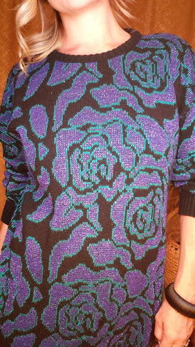80s Lurex Floral Sweater Dress - Fall Fashion - Glitter Sweater Dress - Floral Sweater Dress - Womens Medium Large - Black Purple Green