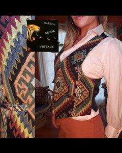 90s Ikat Womens Vest with Silky Back - 90s Adjustable Back Vest - Womens 90s Buttondown Vest - Vintage Ikat Fabric Clothing - Tapestry Vest