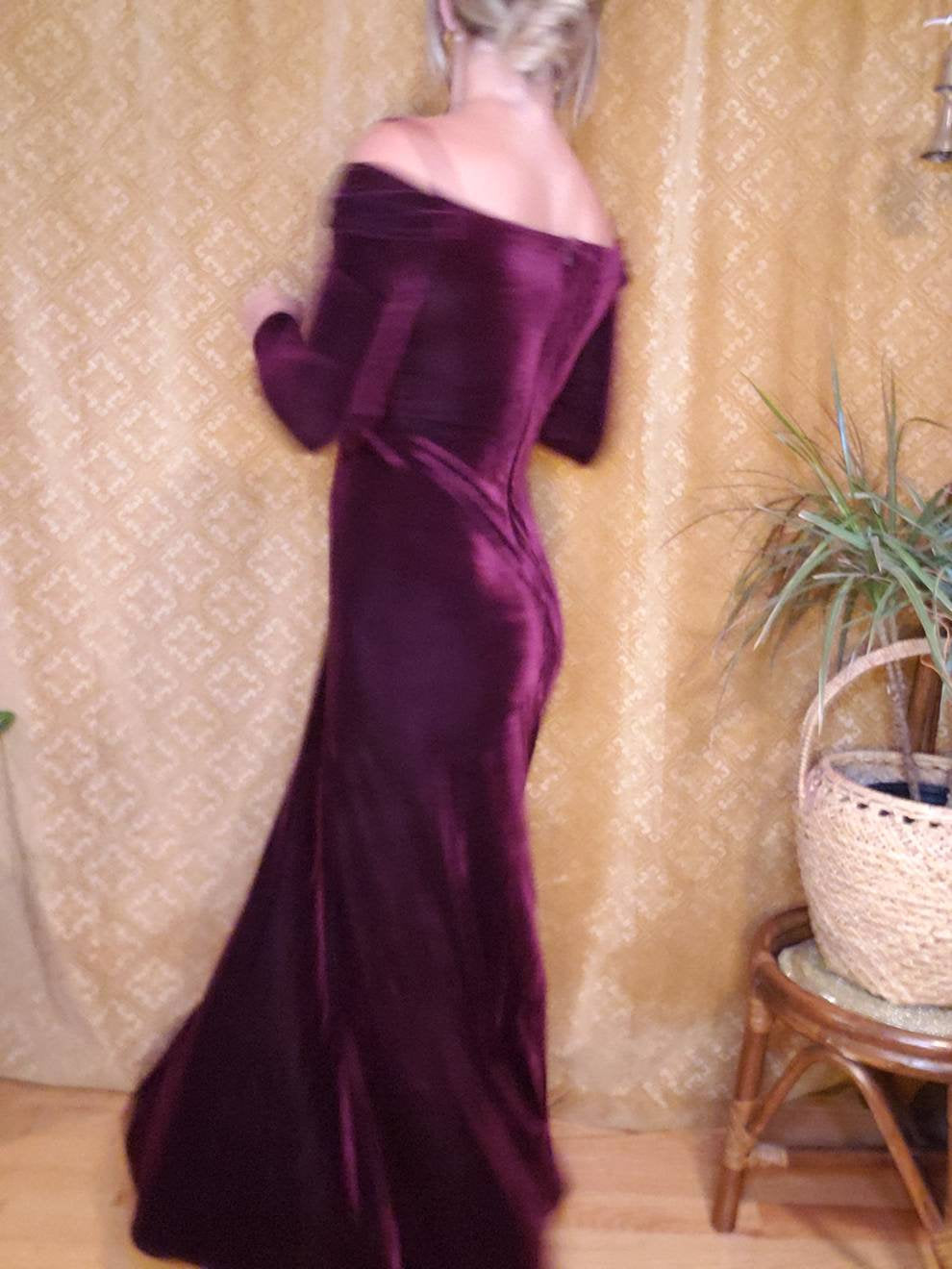 Showstopper Off Shoulder Maroon Velvet Dress - Womens Medium - Long Ve Revival Vintage Showstopper Off Shoulder Maroon Velvet Dress - Womens Medium - Long Ve Revival Vintage