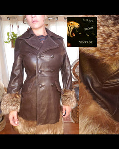 VTG 70s Leather Penny Lane Coat with Fox Fur Trim - Womens Small - Vintage Penny Lane Coat - Vintage 70s Leather Jacket - 70s Fox Fur Coat