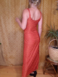 Sleeveless Stretchy Bodycon Dress with High Thigh Slit - Orange Strappy Dress - Size 12 XL Large - Textured - Halloween - Nylon Spandex