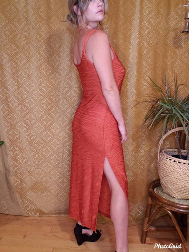 Sleeveless Stretchy Bodycon Dress with High Thigh Slit - Orange Strappy Dress - Size 12 XL Large - Textured - Halloween - Nylon Spandex