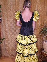Load image into Gallery viewer, Vintage Handmade Polka Dot Fringe Flamenco Dress - Womens Medium - Black and Yellow Ruffle Fringe Dress - Bee Costume - Spanish Dance Dress