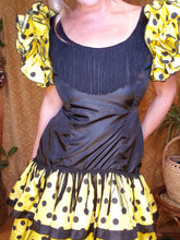 Load image into Gallery viewer, Vintage Handmade Polka Dot Fringe Flamenco Dress - Womens Medium - Black and Yellow Ruffle Fringe Dress - Bee Costume - Spanish Dance Dress
