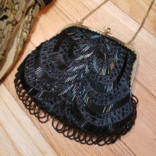 Load image into Gallery viewer, Black Beaded LA REGALE Evening Bag - Flapper Art Deco Style Purse - Evening Purse - Gold Tone Chain Strap - Kissing Lock Bag - Beaded Fringe