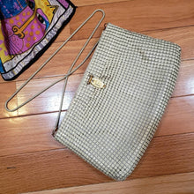 Load image into Gallery viewer, VTG 70s White Mesh Metal Purse - Whiting and Davis Style Mesh Bag - 60s 70s Mesh Evening Purse - Shoulder Bag - Snake Chain - F Monogram