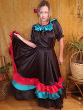 Load image into Gallery viewer, Vintage Handmade Mexican Fiesta Dress - Top with Skirt - Halloween Costume - Can Can Dancer - Saloon Girl - Gypsy Costume - Day of the Dead
