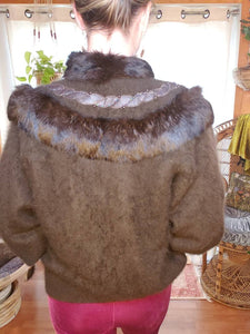 SOFT Vintage Angora Rabbit Fur Sweater - Rabbit Fur Buttondown - Womens Medium Large - Chocolate Brown Rabbit Fur - 80s Rabbit Fur Sweater