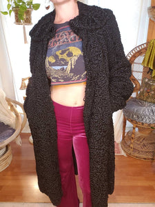 VTG Black Curly Lambs Wool Coat - Vintage Neiman Marcus - Black Persian Lambswool Trench - Long Black Wool Coat - Womens M L XL - Trenchcoat