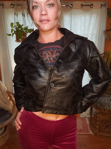 80s Cropped Boxy Black Leather Patchwork Jacket - Womens Medium -