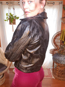 80s Cropped Boxy Black Leather Patchwork Jacket - Womens Medium -