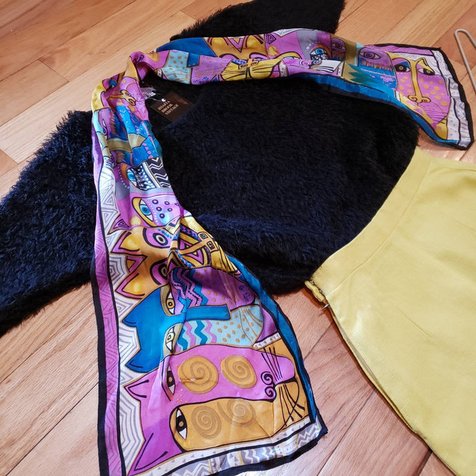 Vintage 90s LAUREL BIRCH Silk Scarf - Bright Pinks Blues Yellows - Laurel Birch Cats Clothing Accessories - Cats Scarf - Cat Folk Art Scarf