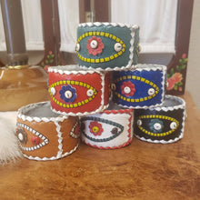 Load image into Gallery viewer, Set of 6 Boho Leather Napkin Rings with Heart and Third Eye Detail - Valentines Gift - Evil Eye - Boho Decor - Boho Wedding Table Settings