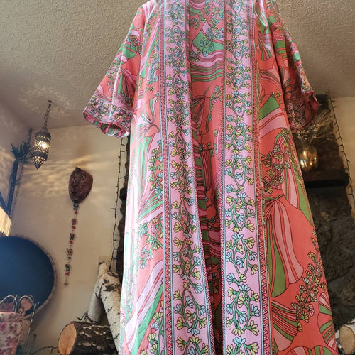 Handmade 60s Peter Max Style 2-in1 Robe Dress - Fits up to Womens M L XL - 60s Long Hippie Dress - Neon Pink Hippie Dress - Sari Kaftan Robe