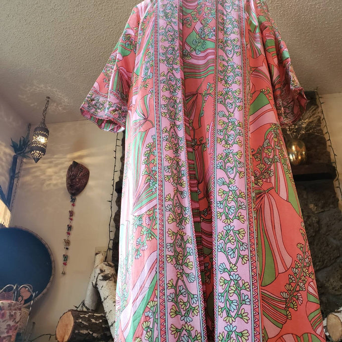 Handmade 60s Peter Max Style 2-in1 Robe Dress - Fits up to Womens M L XL - 60s Long Hippie Dress - Neon Pink Hippie Dress - Sari Kaftan Robe