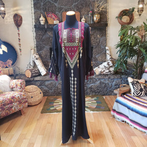 Silk Embroidered Tassel Kaftan Gown - Middle Eastern Caftan Dress - Long Tunic - Muumuu - Zipper - Black Maroon Ivory Green - Unisex M L XL