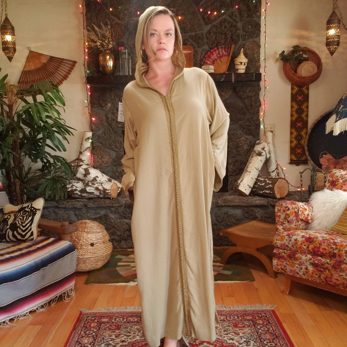 Vintage Hooded Djellaba Robe with Pom Pom Piping - Womens M L XL - Tur ...
