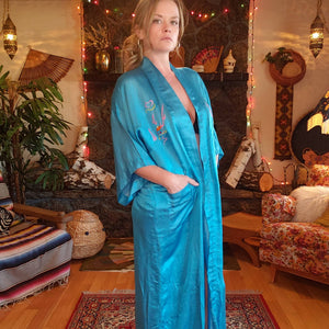 70s Sapphire Silk Dragon Embroidered Kimono Robe - Unisex Medium Large - Pockets - Kimono Cover-Up - Long Silk Chinese Robe - Teal Blue