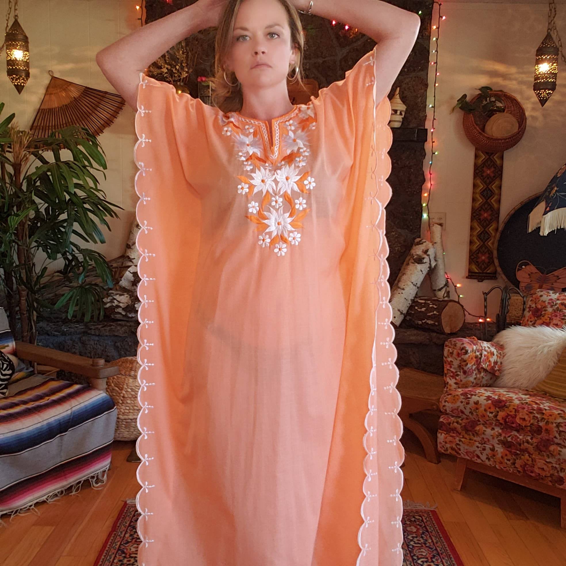 70s Apricot Floral Embroidered Kaftan - Women Medium - Embroidered Tun Revival Vintage 70s Apricot Floral Embroidered Kaftan - Women Medium - Embroidered Tun Revival Vintage