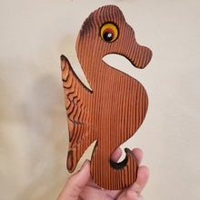 Load image into Gallery viewer, MCM Cryptomeria Wood Seahorse with Felt Eyes - Mid Century Modern Wooden Witco Style - Eames Era Art - Danish Modern Modernist Wall Decor