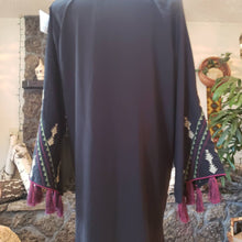 Load image into Gallery viewer, Silk Embroidered Tassel Kaftan Gown - Middle Eastern Caftan Dress - Long Tunic - Muumuu - Zipper - Black Maroon Ivory Green - Unisex M L XL