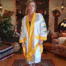 Load image into Gallery viewer, Vintage Embroidered Yellow Rose Kimono Robe - Poly Satin Boxing Robe - Womens XS Small Medium- Green and Yellow - Pockets - Chinese Robe