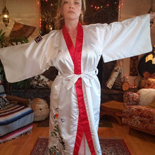 Load image into Gallery viewer, Vintage Embroidered Crane Kimono Robe - Womens Medium Small - Mens Small - Pockets - White Red Poly Satin - Long Embroidered Chinese Robe -