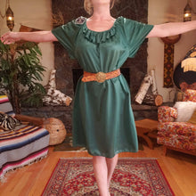 Load image into Gallery viewer, 70s Emerald Green Lustre House Dress - Short Muumuu Dress - Striped Shiny Polyester House Dress - 70s House Dress - Swimsuit Coverup
