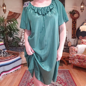 70s Emerald Green Lustre House Dress - Short Muumuu Dress - Striped Sh Revival Vintage 70s Emerald Green Lustre House Dress - Short Muumuu Dress - Striped Sh Revival Vintage