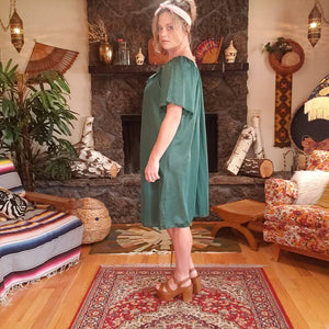 70s Emerald Green Lustre House Dress - Short Muumuu Dress - Striped Shiny Polyester House Dress - 70s House Dress - Swimsuit Coverup