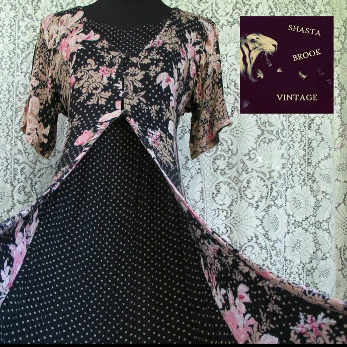 90s Long Romantic Cottage Floral Dress - Languid Floral Dress - Flowers Polkadots - Calico Dress - Tie Back - Festival Fashion - Size Medium